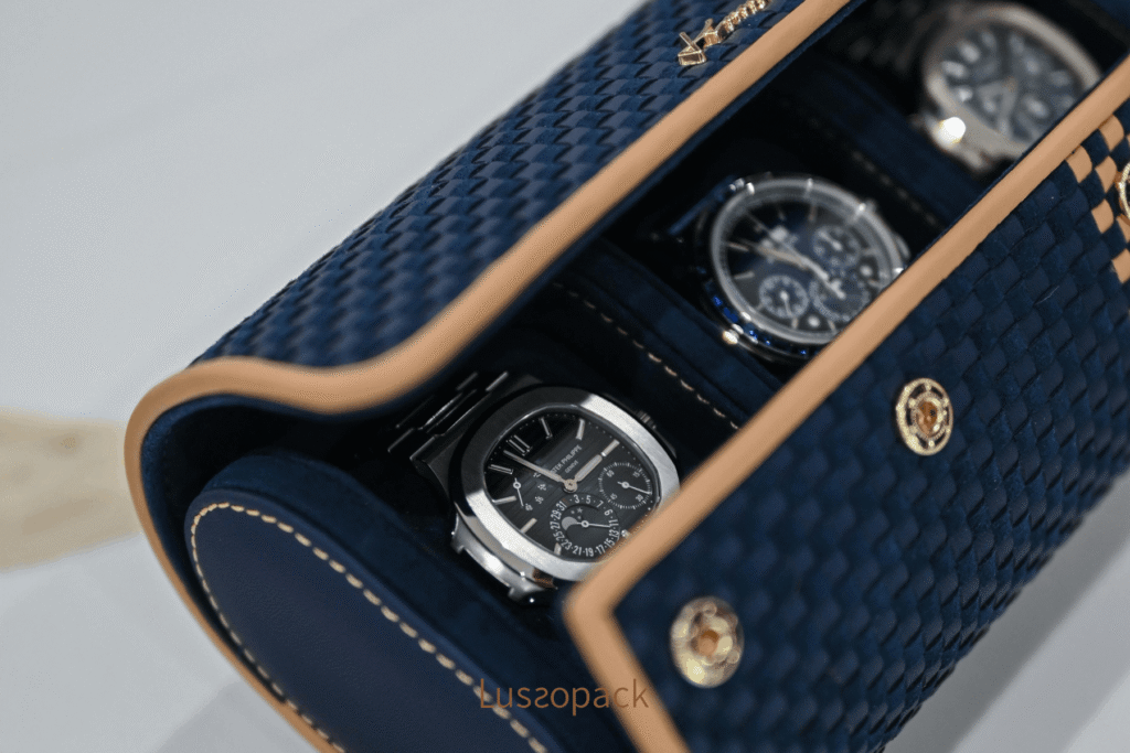Luxury watch roll packaging designed for a memorable unboxing experience with secure compartments and refined detailing