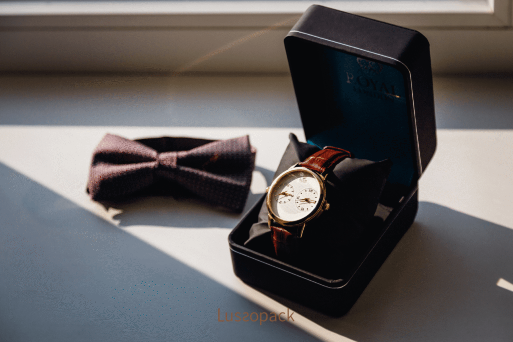 ​Custom watch packaging featuring a luxury display box, soft interior lining and personal styling details