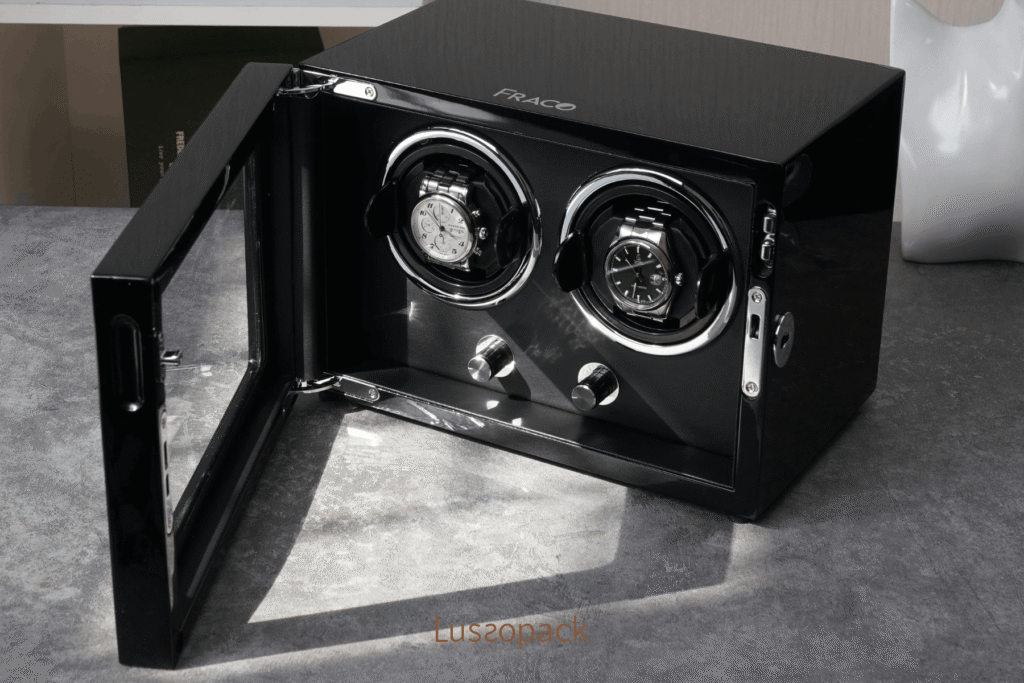 Luxury watch packaging with dual watch winder design, balancing functional storage and sleek high-end style