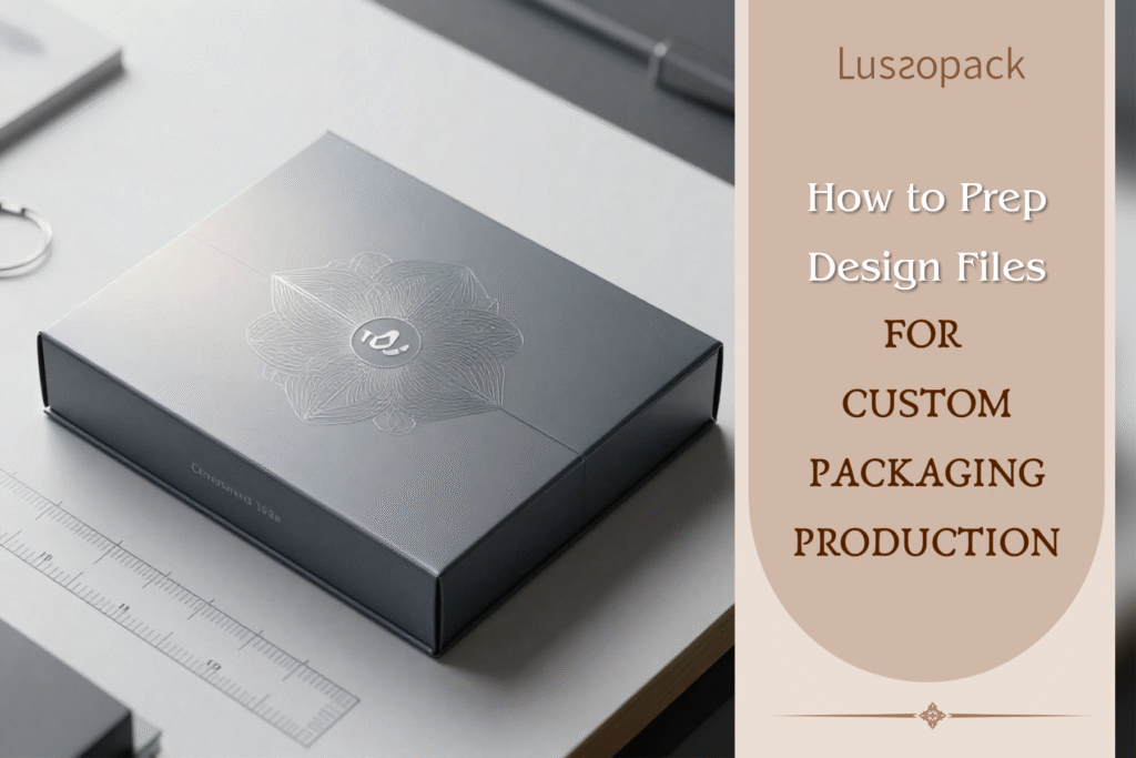 Luxury custom packaging box with embossed logo on a minimalist workspace, showcasing premium packaging design