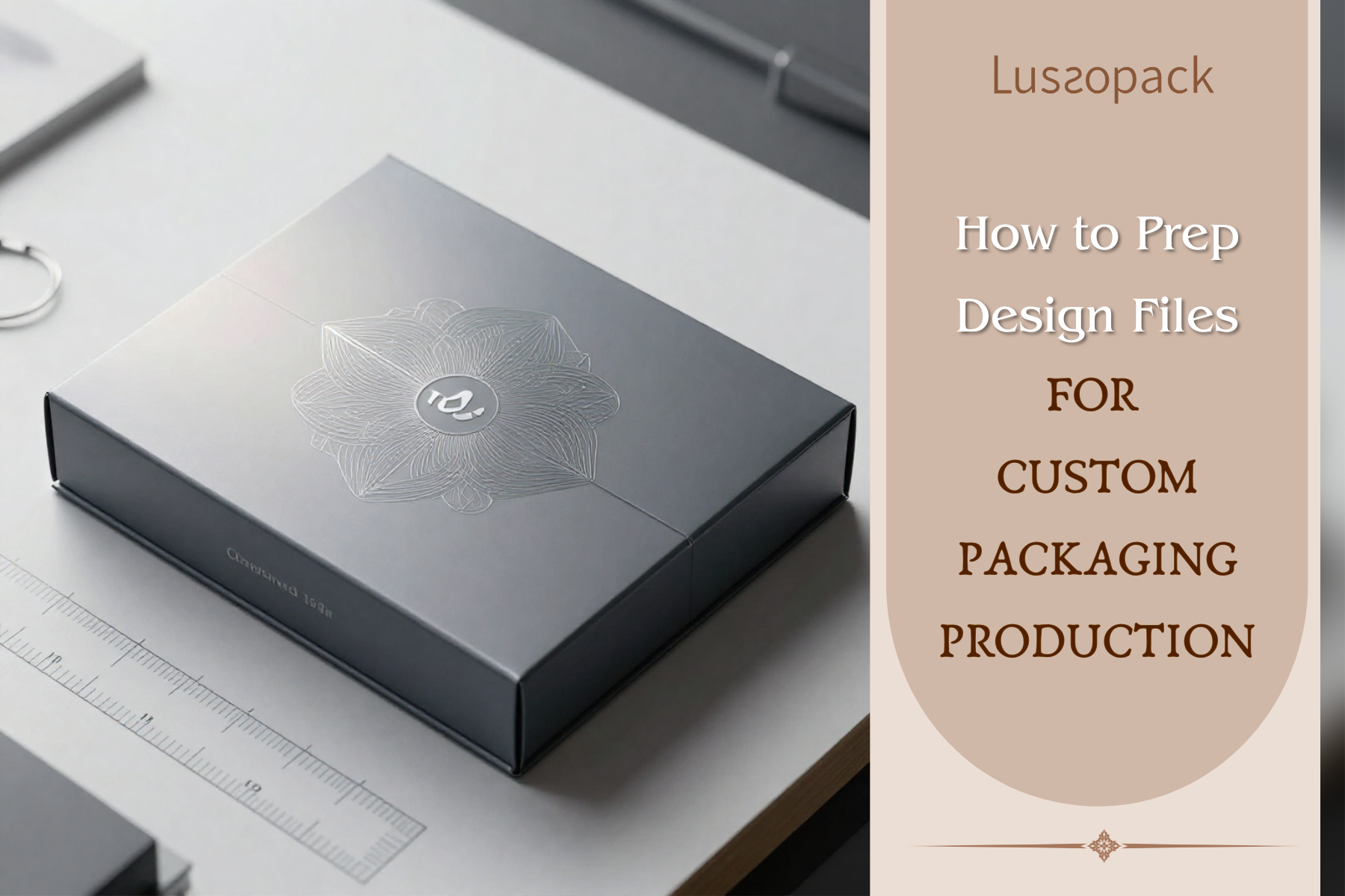 Luxury custom packaging box with embossed logo on a minimalist workspace, showcasing premium packaging design