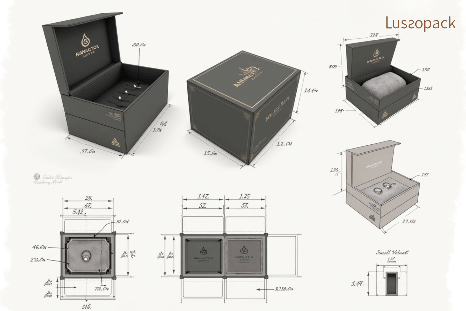 Luxury packaging dieline and box dimensions for custom jewelry box production and manufacturing