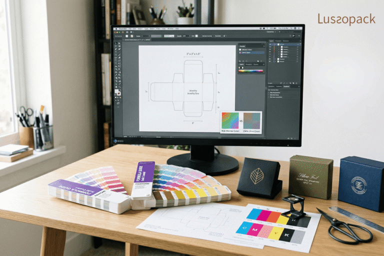 Packaging design file setup on screen with dieline layout, colour swatches, and custom box samples