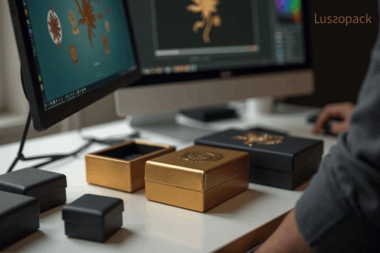 Lussopack luxury packaging workflow showing box prototypes and digital design editing