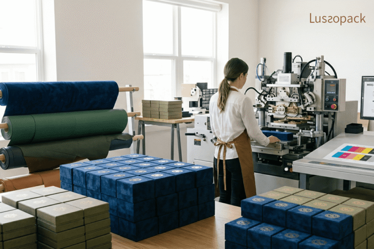 Custom packaging manufacturing of luxury jewelry boxes using industrial production equipment