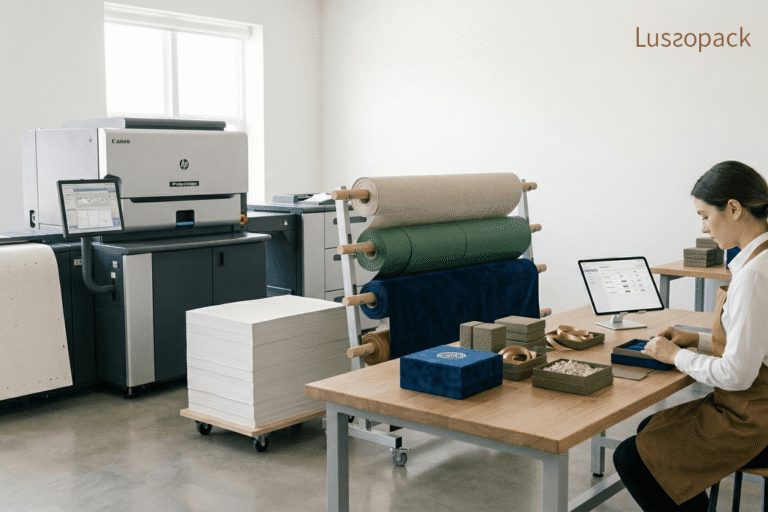 Luxury packaging manufacturing with paper materials, printing equipment, and custom box assembly