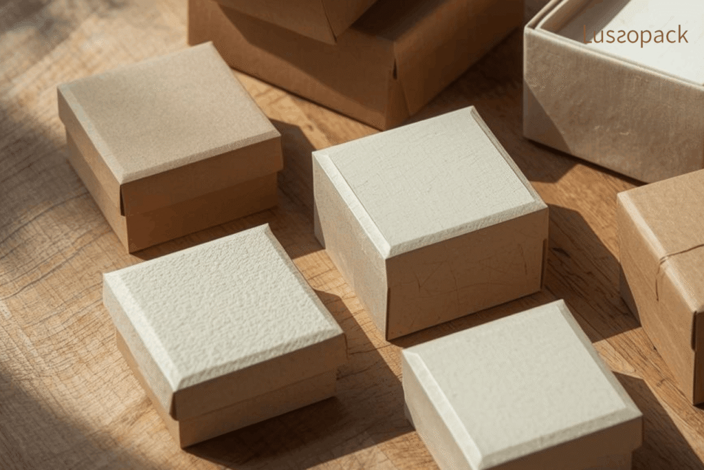 Luxury watch box packaging samples with neutral textured rigid paper materials