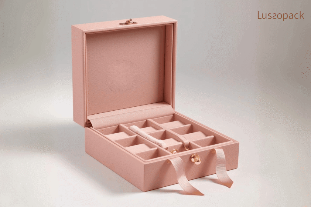 Custom pink jewelry box with foam with fabric wrap inserts and ribbon pulls for luxury packaging