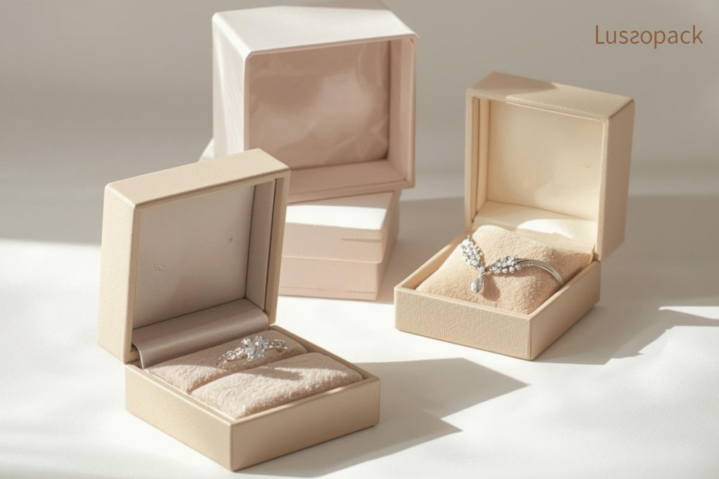 Custom cream ring boxes with soft cushioned microfibre inserts for luxury jewelry packaging