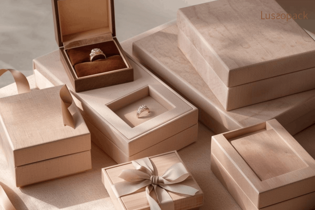 Custom jewelry packaging boxes with ring display inserts and luxury gift box design