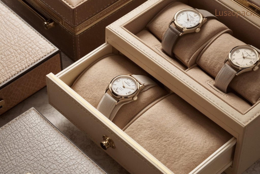 Custom watch packaging box with multiple compartments for premium watch display