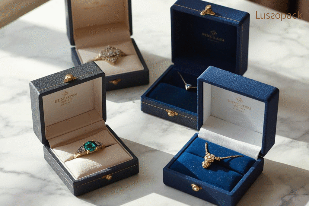 Custom blue jewelry boxes with ring and necklace velvet display inserts by Lussopack
