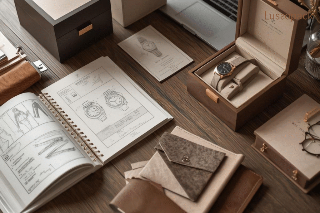Luxury watch box with custom packaging design sketches and material samples