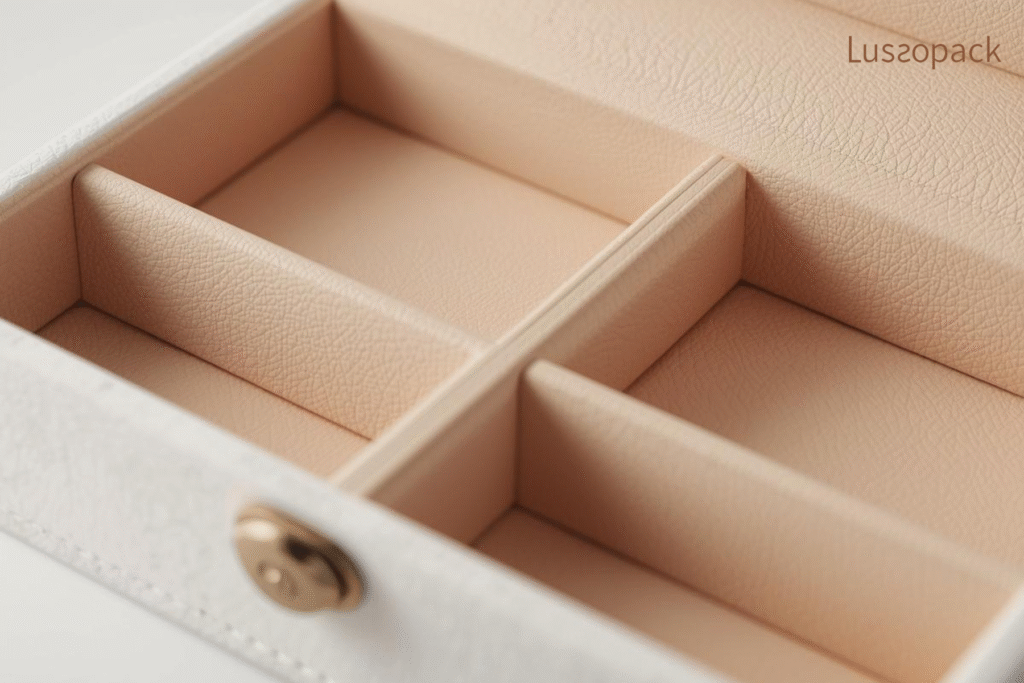 Custom leather jewelry box with compartment dividers for premium product packaging