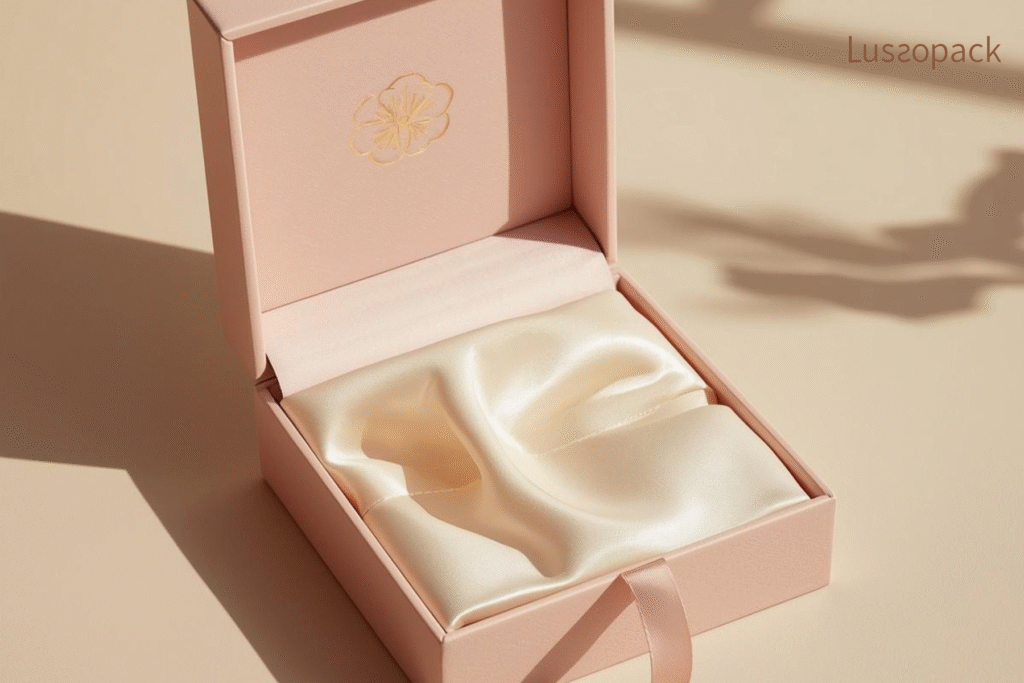 Custom pink jewelry box with satin interior and ribbon pull for luxury packaging