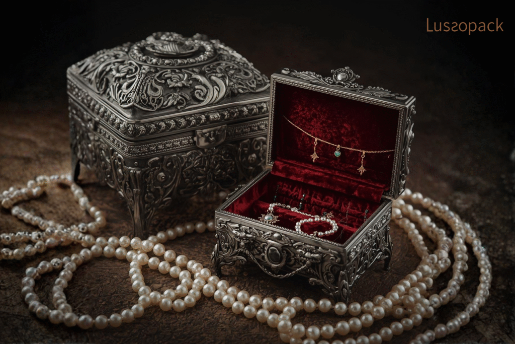 Luxury metal jewelry box with velvet interior for necklaces, bracelets and fine jewelry