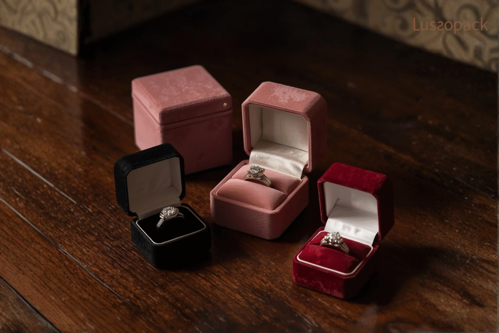 Custom velvet ring boxes in black, pink and red for luxury jewelry packaging