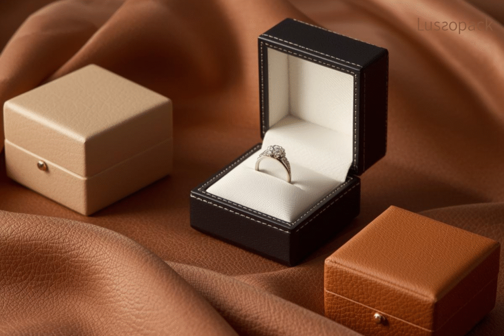 Custom leather ring boxes with luxury jewelry packaging and soft interior lining