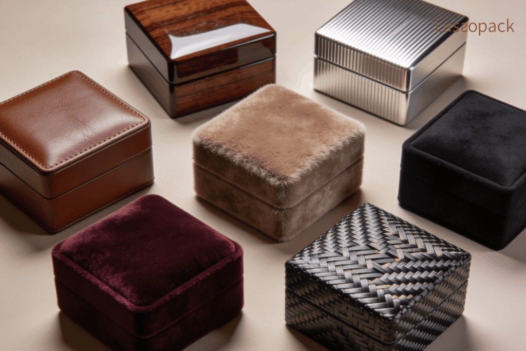 Collection of luxury jewelry boxes showcasing different premium materials and finishes, including leather, polished wood, brushed metal, velvet, faux fur, suede, and woven textured surfaces. The square presentation boxes are arranged on a neutral background to highlight craftsmanship, material selection, and luxury jewelry packaging design. Lussopack branding appears in the top-right corner.