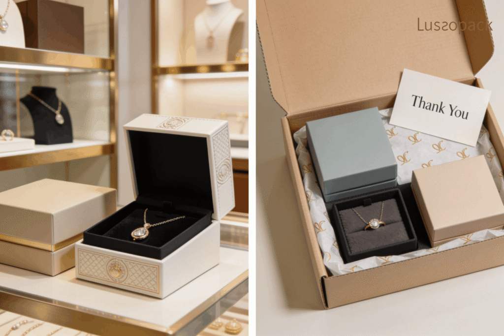 Comparison of custom jewelry packaging for retail and e-commerce channels. The retail presentation features a premium custom jewelry box displayed in a luxury store environment, designed to enhance product presentation, brand perception, and the in-store shopping experience. The e-commerce presentation shows a branded shipping box with custom jewelry boxes, tissue paper, and a thank-you card, illustrating how brands can create a cohesive unboxing experience while protecting products during delivery. The image highlights how custom packaging can be tailored for both retail display and online fulfillment while maintaining a consistent brand identity.