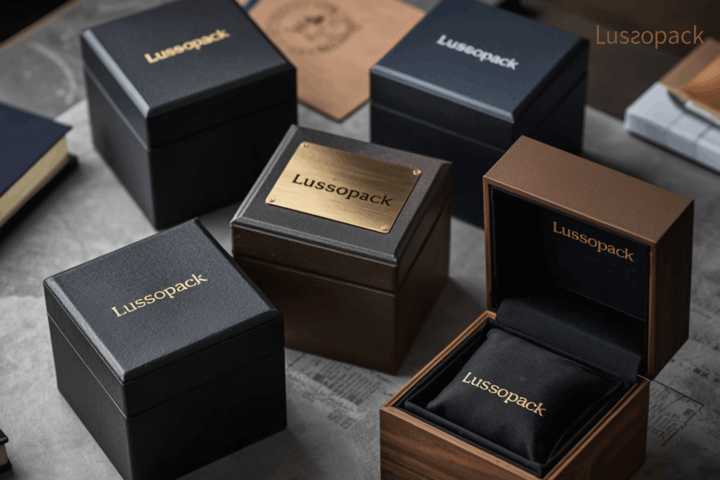 Luxury jewelry boxes showcasing a range of customization options available to jewelry brands, including foil-stamped logos, printed branding, engraved metal nameplates, wood-grain finishes, premium paper wrapping, and custom interior cushions. The collection features rigid presentation boxes in different materials, colors, and branding applications, demonstrating how brands can personalize jewelry packaging to reflect their identity, product positioning, and customer experience. Lussopack branding is displayed across multiple box styles.