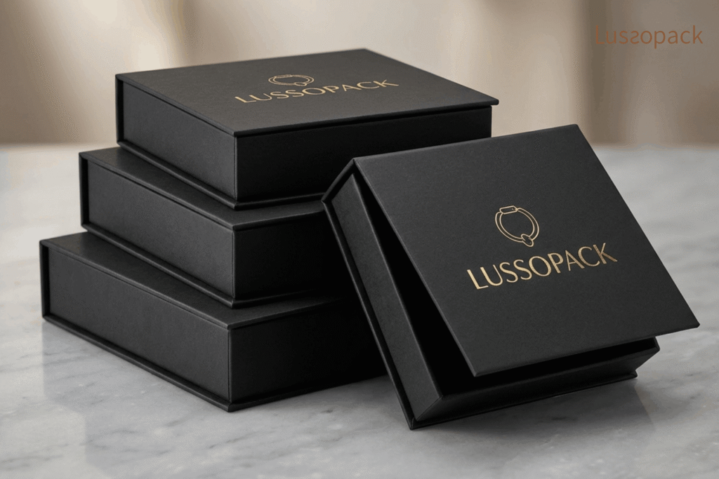 Luxury jewelry packaging boxes with rigid construction and elegant foil-stamped branding, presented in multiple sizes to showcase a premium packaging collection. The matte black boxes feature clean lines, precise craftsmanship, and a refined minimalist design, demonstrating how luxury jewelry brands can create a consistent brand identity across product ranges while enhancing perceived value, gift presentation, and the overall customer unboxing experience. Lussopack branding is displayed on each box.
