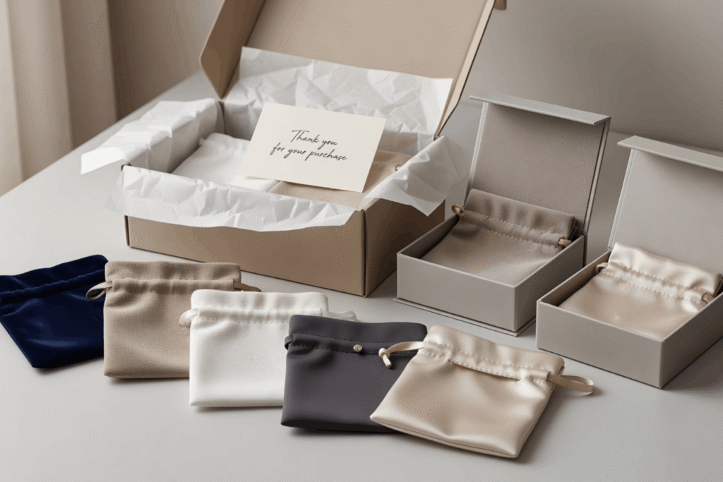 Branded jewelry pouches and custom jewelry packaging designed for both retail and e-commerce fulfillment. The image features satin and velvet drawstring pouches in multiple colors alongside premium jewelry boxes, tissue paper, a thank-you card, and a shipping mailer. It demonstrates how jewelry brands can use custom pouches for product protection, gift presentation, and brand consistency across in-store purchases and online orders, creating a premium customer and unboxing experience.
