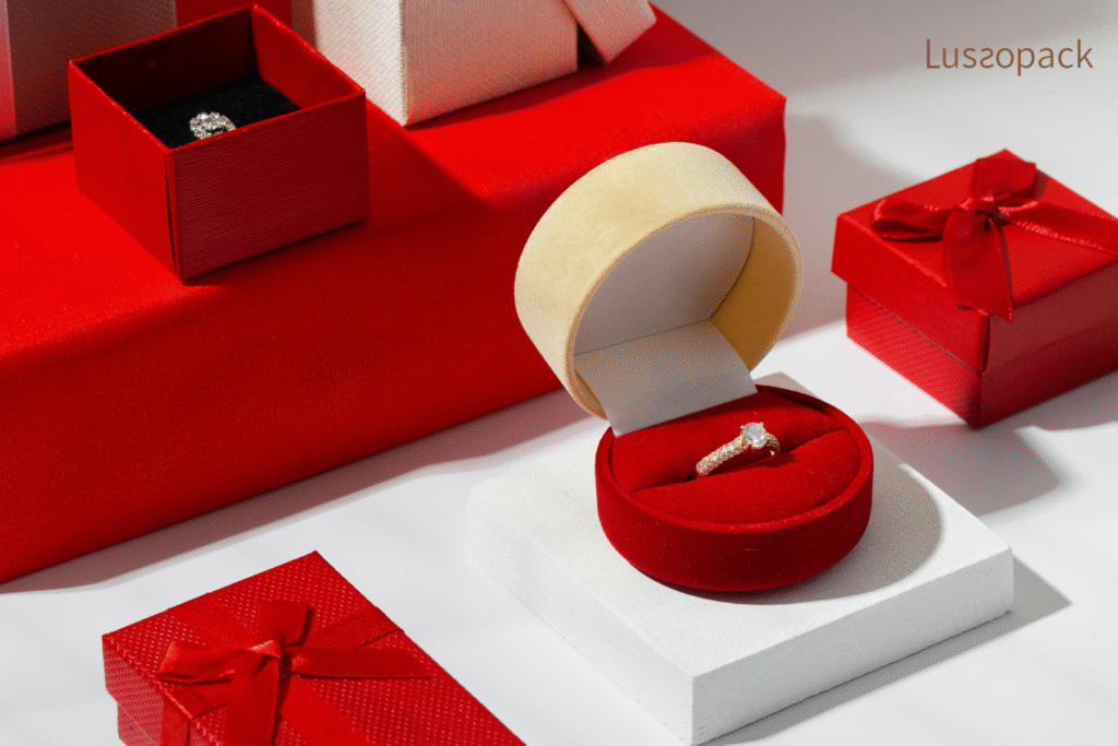 Custom round ring packaging box displaying a diamond engagement ring