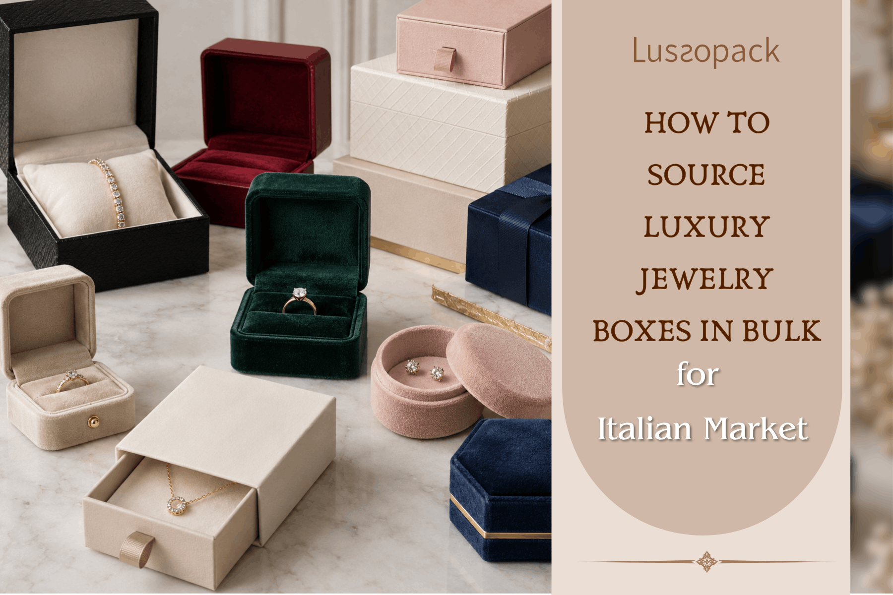 Luxury jewelry boxes in velvet and leather finishes for the Italian market