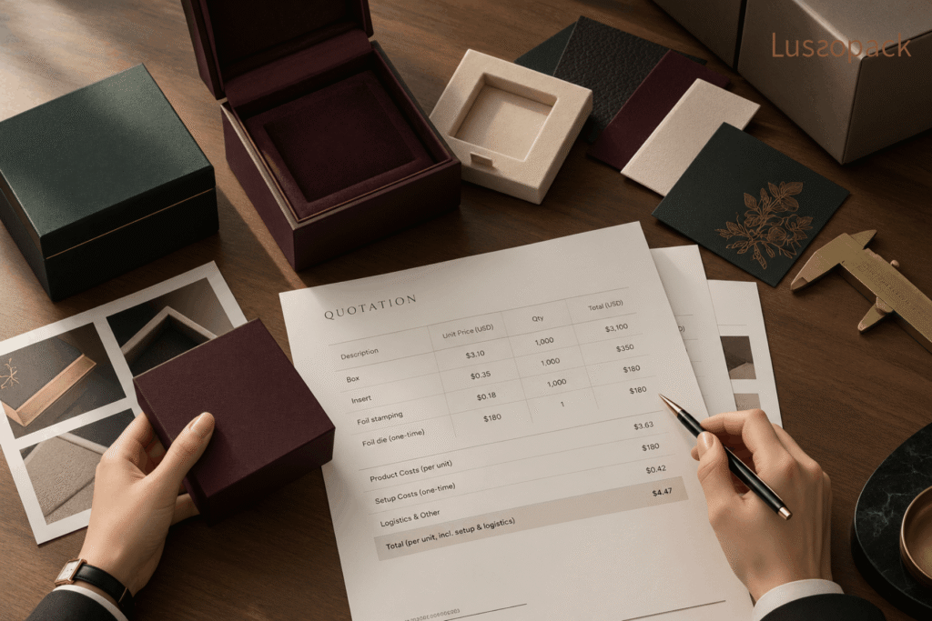 Luxury packaging quotation broken down into box, insert, finishing and logistics costs
