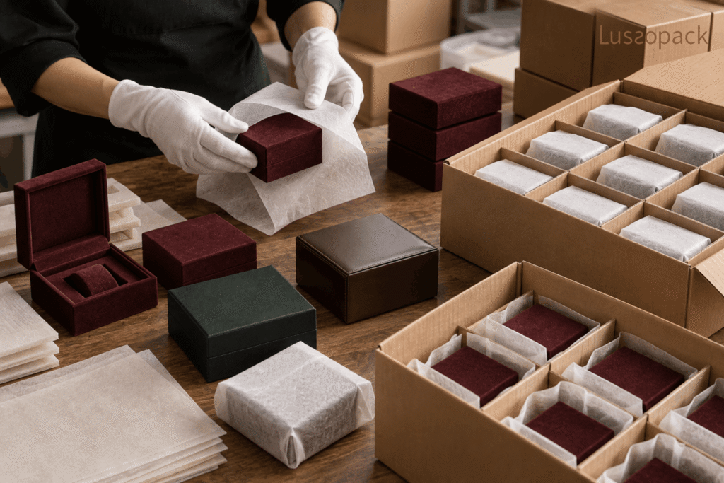 Luxury jewelry boxes wrapped with protective packing before shipping cost comparison