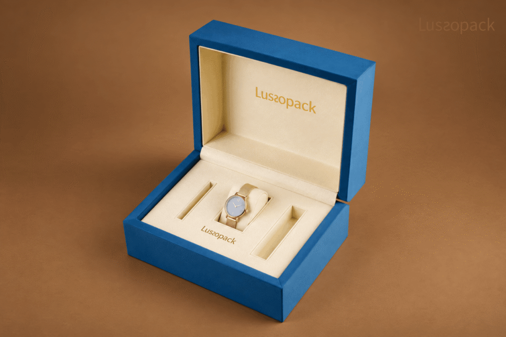 luxury watch box with blue exterior and cream interior from Lussopack