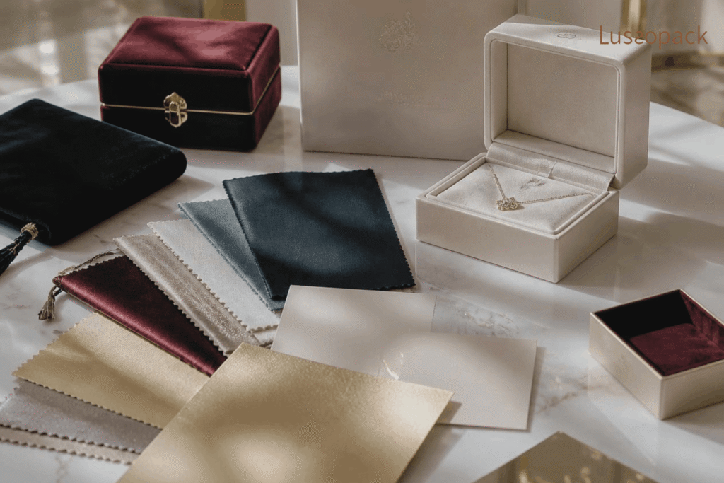 Luxury jewelry box samples and material swatches for custom packaging