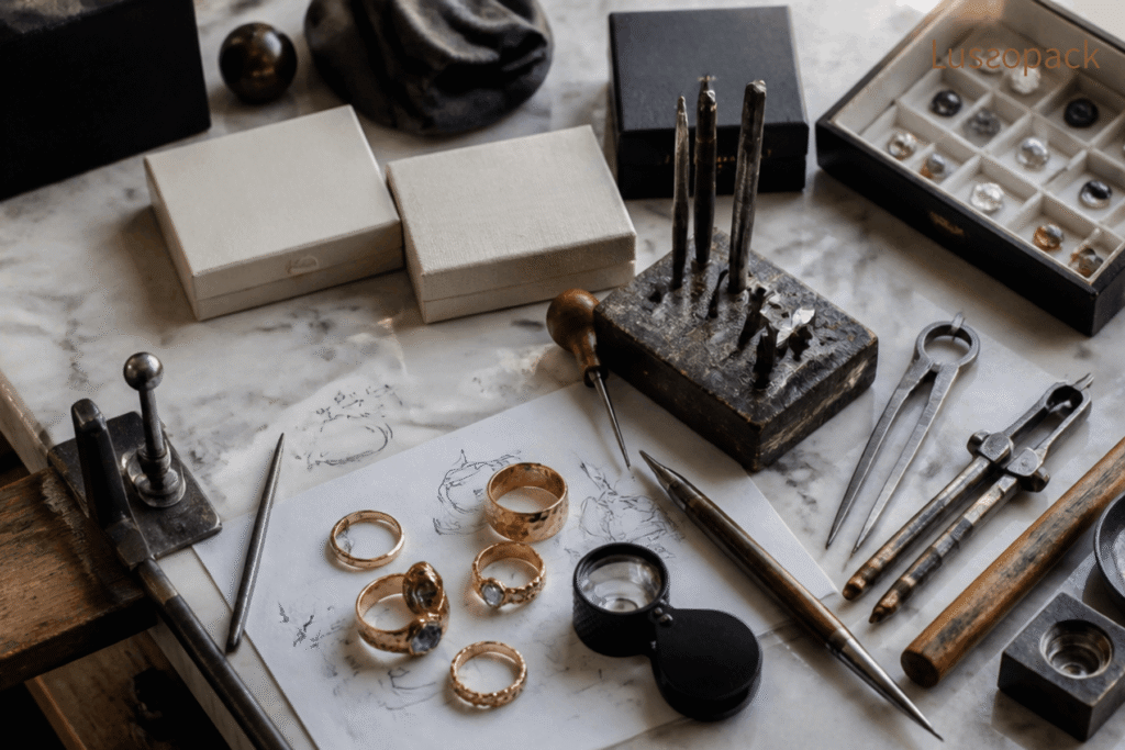 Jewelry design sketches, rings and traditional tools beside luxury jewelry boxes
